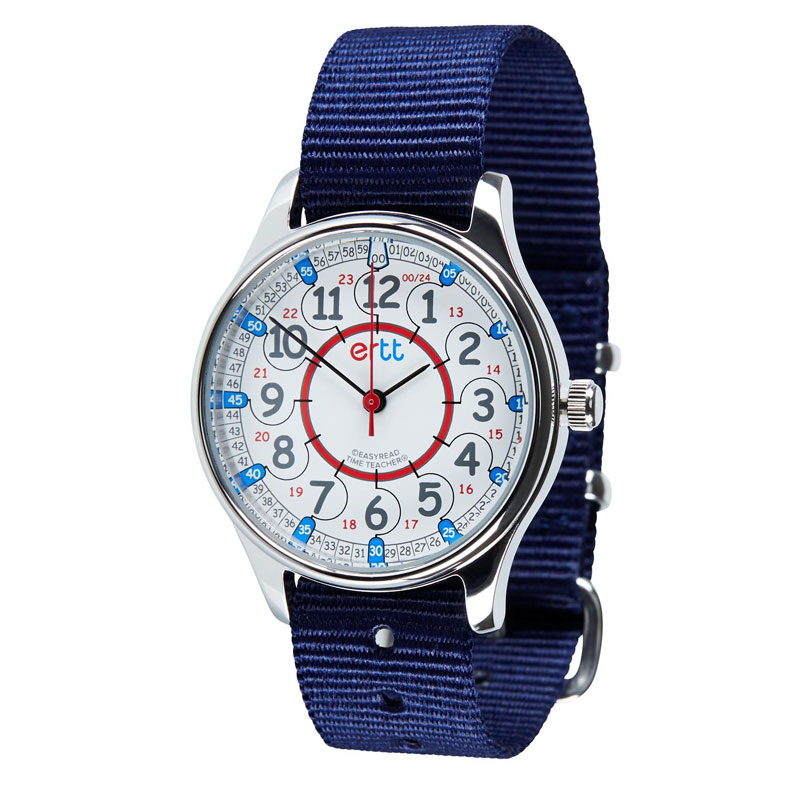 Easy Read Time Teacher Waterproof Wrist Watch Red & Blue Face 24